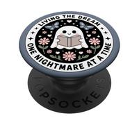 Living The Dream Book Lover Cute Ghost Reading Bookish Blue PopSockets PopGrip Adhésif