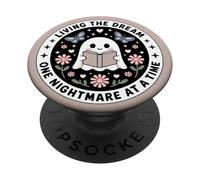 Living The Dream Book Lover Cute Ghost Reading Bookish Brown PopSockets PopGrip Adhésif