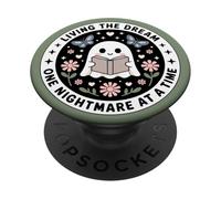 Living The Dream Book Lover Cute Ghost Reading Bookish Green PopSockets PopGrip Adhésif