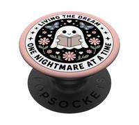 Living The Dream Book Lover Cute Ghost Reading Bookish Pink PopSockets PopGrip Adhésif