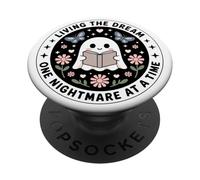 Living The Dream Book Lover Cute Ghost Reading Bookish White PopSockets PopGrip Adhésif