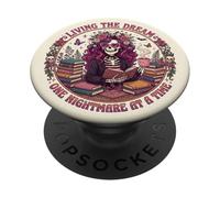 Living The Dream Book Reading Boho Floral Skeleton Bookish PopSockets PopGrip Adhésif