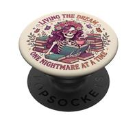 Living The Dream Book Reading Boho Floral Skeleton Bookish PopSockets PopGrip Adhésif