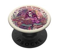 Living The Dream Book Reading Boho Floral Skeleton Bookish PopSockets PopGrip Adhésif