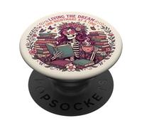 Living The Dream Book Reading Boho Floral Skeleton Bookish PopSockets PopGrip Adhésif