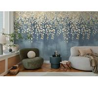 Livingwalls papier peint panoramique intissé à motif de rameaux de feuilles en bleu, crème, jaune - papier peint panoramique mural floral 8,80 m x 0,53 m collection COSMOPOLITAN - 791442