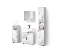 Livinity Ensemble de Meubles de Salle de Bain Ronco, Blanc Brillant avec Inserts, 4 pièces, avec Armoire Haute