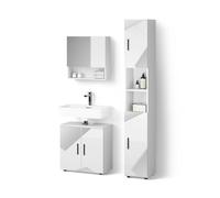 Livinity Ensemble Meubles Bain Ronco, Blanc Brillant avec Inserts, 3 pièces, avec Armoire à tiroirs et Armoire Haute