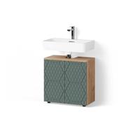 Livinity Meuble sous lavabo Ronco, Vert/Force de l'or Chêne, 60x59cm | 2 Portes · 2 compartiments · Découpe pour siphon · Intérieur spacieux · Rangement bien organisé