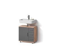 Livinity Meuble sous vasque simple "Eisak", Chêne doré 60 x 60 cm | 3 Tiroirs · 1 Porte · Découpe pour siphon · Pour produits de soin & accessoires de salle de bains · Rangement généreux