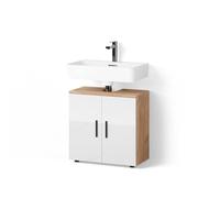 Livinity Meuble sous Vasque Simple Ronco Blanc Brillant/Chêne doré 60x59cm | 2 Portes · 2 compartiments · Découpe pour siphon · Intérieur spacieux · Rangement bien organisé