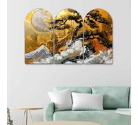 Livin'luxe Ensemble de peintures murales à 3 panneaux en forme d'arche de paysage doré | Impression HD laminée scintillante sur MDF | Arbre de montagne et lune Art abstrait pour salon, chambre à