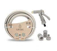 LIVLIG Kit Arrosage Complet 10m Greige - Tuyau d'Arrosage 10m 1/2 Pouce + Pistolet d'Arrosage & Accessoires (Raccord Robinet 3/4", Raccord Rapide, Arrêt d'Eau 1/2") - Made in Europe