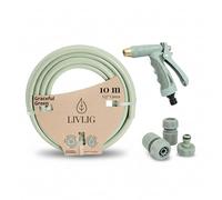LIVLIG Kit Arrosage Complet 10m Vert - Tuyau d'Arrosage 10m 1/2 Pouce + Pistolet d'Arrosage & Accessoires (Raccord Robinet 3/4", Raccord Rapide, Arrêt d'Eau 1/2") - Made in Europe
