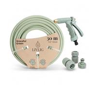 LIVLIG Kit Arrosage Complet 30m Vert - Tuyau d'Arrosage 30m 1/2 Pouce + Pistolet d'Arrosage & Accessoires (Raccord Robinet 3/4", Raccord Rapide, Arrêt d'Eau 1/2") - Made in Europe