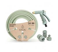 LIVLIG Kit Arrosage Complet 50m Vert - Tuyau d'Arrosage 50m 1/2 Pouce + Pistolet d'Arrosage & Accessoires (Raccord Robinet 3/4", Raccord Rapide, Arrêt d'Eau 1/2") - Made in Europe