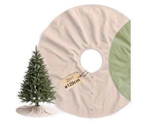 Livlig53 Jupe de Sapin Ø120 cm en Coton Beige/Vert - Tapis Rond réversible 2-en-1 avec Bord doré, Couverture décorative pour Pied de Sapin de Noël