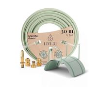 Livlig53 Set de tuyau d'arrosage 30 m - Kit complet d'irrigation de jardin avec tuyau d'eau de 1/2 pouce, support mural en acier et arrosoir de jardin en laiton - Set de tuyaux 30 m incl. raccords