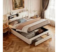 LIVLUX Coffre 140 x 200 cm, Double Rembourré Avec Éclairage LED et Charge USB, Tête Escamotable, Cadre Avec Tiroirs et Espace de Rangement, Pour Adultes et Adolescents, Velours