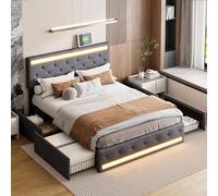 LIVLUX Lit 140x200 avec Sommier LED et USB,Lit Double rembourré avec sommier à Lattes et 4 Tiroirs,lit 2 Personnes pour Adultes et Adolescents,Lin (Gris, 140 x 200 cm)