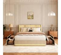 LIVLUX Lit 140x200 avec Sommier LED et USB,lit Double rembourré avec sommier à Lattes et 4 Tiroirs,lit 2 Personnes pour Adultes et Adolescents,Lin (Beige, 140 x 200 cm)