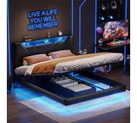 LIVLUX Lit 160 x 200 cm avec réseau, LED et USB, tête de lit escamotable et stockage, lit double pour adultes et adolescents (noir)