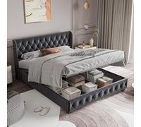 LIVLUX Lit capitonné, 160 x 200 cm, lit double rembourré hydraulique, avec espace de rangement, sommier à lattes et tête de lit, lit pour adolescents et adultes, gris clair (160 x 200 cm)