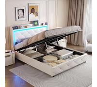LIVLUX Lit Coffre 140x200 cm,lit capitonné avec Ports de Charge USB et lumière LED, lit Double équipé de Rangement et d'un sommier à Lattes,PU,Beige (140 x 200 cm B)