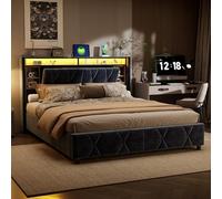 LIVLUX Lit Coffre 160x200 cm, avec LED et Ports USB, Lit Double Rembourré avec Rangement hydraulique et sommier à Lattes, pour Adultes et Adolescents,Velours (Gris, 160 x 200 cm)