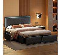 LIVLUX Lit Double 140x200 cm avec Sommier Éclairage LED, Rembourré avec 4 Tiroirs et Tête de Lit Réglable, Gris, Polyuréthane + Bois, 50.6 kg