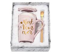 Livole Cadeaux d'anniversaire pour Mères, Mug maman, Cadeau Fête des Mères 2023, Noël, Best Mom Ever, Tasse à Café en Céramique Marbré de 400 ml avec Couvercle, Cuillère Dorée et Boîte Cadeau, rose