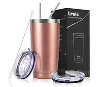 Livole Mug Isotherme Réutilisable 20OZ 550ML, Gobelet de voyage Thermos Tasse à Café Double Paroi Sous Vide 18/8 304 Acier Inoxydable, 2 Couvercles anti-éclaboussures, 2 Pailles, sans BPA, Or Rose