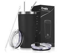 Livole Mug Isotherme Réutilisable 20OZ 550ML, Gobelet de voyage Thermos Tasse à Café Double Paroi Sous Vide 18/8 304 Acier Inoxydable, 2 Couvercles anti-éclaboussures, 2 Pailles, sans BPA, Noir