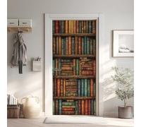 Livre Ancien Effet 3D Sticker Porte, Rétro Européen Papier Autocollant Porte Mural Décoration, Bibliothèque Étagère Stickers Muraux Amovible PVC 95x215 cm 5Yl346