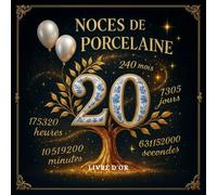 Livre d’Or Anniversaire de Mariage 20 Ans - Noces de Porcelaine Élégant et Magique avec Arbre Doré et Détails Bleus