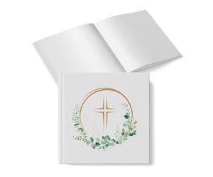 Livre d’or communion et baptême, couverture rigide: Album souvenir 48 pages blanches, avec croix dorée et couronne d’eucalyptus, pour mariage, confirmation ou anniversaire religieux, 15 x 15 cm