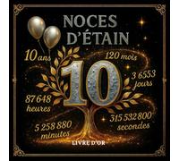 Livre d’Or Noces d’Étain - Anniversaire de Mariage 10 Ans | Thème Étain Élégant avec Arbre Doré et Ballons