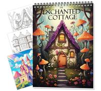 Livre de coloriage pour femme à spirale, à plat tout en coloriant un seul côté, cadeau pour adulte pour se détendre et soulager l'anxiété The Enchanted Cottage