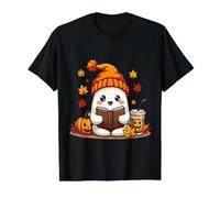 Livre de Lecture avec Feuilles d'automne et fantôme pour Halloween Café T-Shirt Graphique avec Valeur