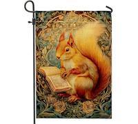 Livre de lecture en forme d'écureuil d'automne, drapeau de jardin, décoration d'animaux de la forêt orange chaud, drapeau de cour double face pour décoration d'automne de la maison, 30,5 x 45,7 cm