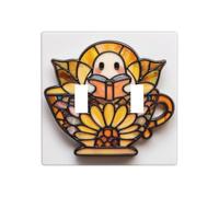 Livre de lecture fantôme mignon dans tasse à thé florale double gang couverture de lumière plaque murale interrupteur décor taille standard - 11,4 x 11,4 cm