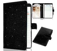 Livre de serveur pour serveuse, organiseur de livre de serveur en cuir avec poche zippée, portefeuille bling pour argent et porte-stylo, organiseur de serveuse de restaurant, noir pailleté