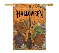 Livre de sorcellerie et potion Halloween Balai Drapeau Maison 71 x 101,6 cm | Thème sorcellerie, drapeau de pelouse, livres de grimoire vintage, bouteilles de potion magiques, herbes botaniques
