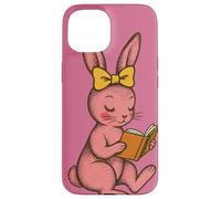 Livre d'histoires rétro style années 50 avec lapin rose Coque pour iPhone 15