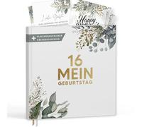 Livre d'or Mon 16e anniversaire avec étiquettes à vin - Livre souvenir aspect eucalyptus Cadeau pour la famille et les amis à remplir sans questions - Couverture rigide vierge 72 pages (16 Mon