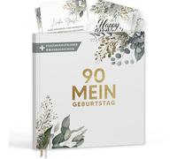 Livre d'or Mon 90e anniversaire avec étiquettes de vin - Livre de souvenirs aspect eucalyptus cadeau pour la famille et les amis à remplir sans questions - Couverture rigide vierge 72 pages (90 Mon