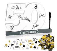 Livre d'or pour Anniversaire 50 ans en bois Panneau en Bois pour Signature Décoration Bibelot Happy Birthday Cadeau Anniversaire Objet Décoratif +Marqueur +Confetti d`anniversaire (50 ans)