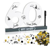Livre d'or pour Anniversaire 60 ans en bois Panneau en Bois pour Signature Décoration Bibelot Happy Birthday Cadeau Anniversaire Objet Décoratif +Marqueur +Confetti d`anniversaire