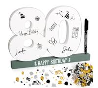Livre d'or pour Anniversaire 80 ans en bois Panneau en Bois pour Signature Décoration Bibelot Happy Birthday Cadeau Anniversaire Objet Décoratif +Marqueur +Confetti d`anniversaire