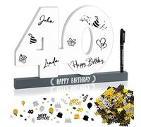 Livre d'or pour Anniversaire en Bois 40ans Panneau en Bois pour Signature Décoration Bibelot Happy Birthday Cadeau Anniversaire Objet Décoratif +Marqueur +Confetti d`anniversaire